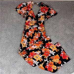 Lulus Jumpsuit Womens Large Getaway Vibes Floral Wide Leg Surplice Orange